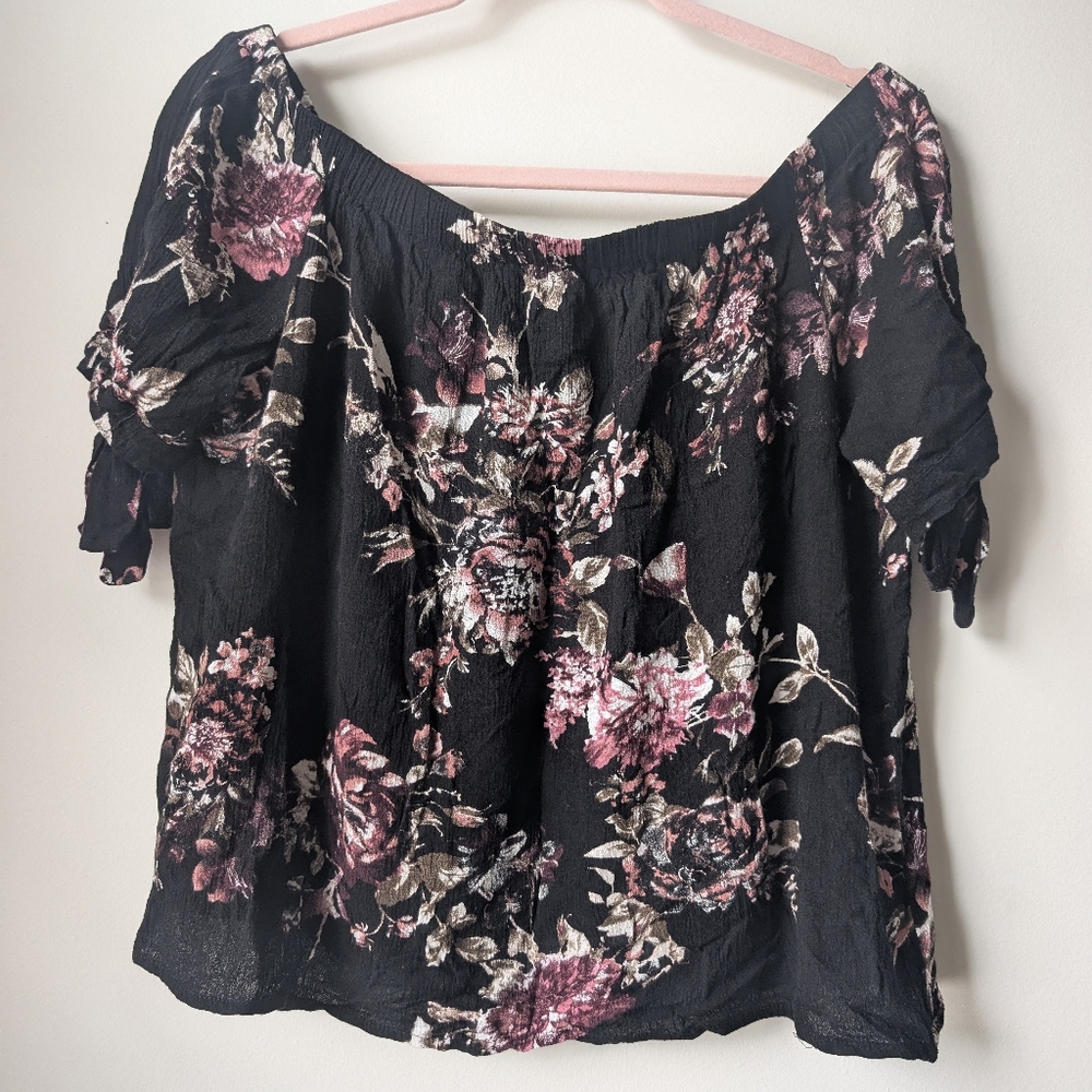 Gypsies & Moondust Black Floral Off-Shoulder Top with Pink Blossoms